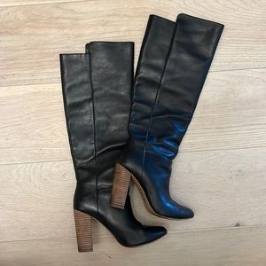 Kaye spade Saturday knee high leather black boots wood heel